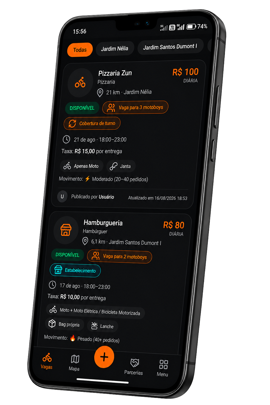 Tela do app ZunMoto mostrando vagas de diária e cobertura disponíveis